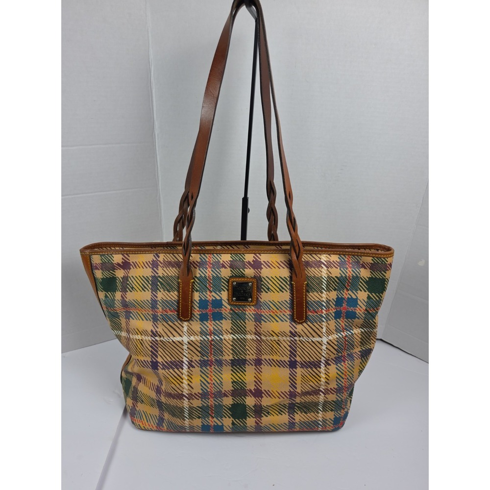 Dooney & Bourke Tartan Plaid Tote Multicolor Brown Braided Handle READ